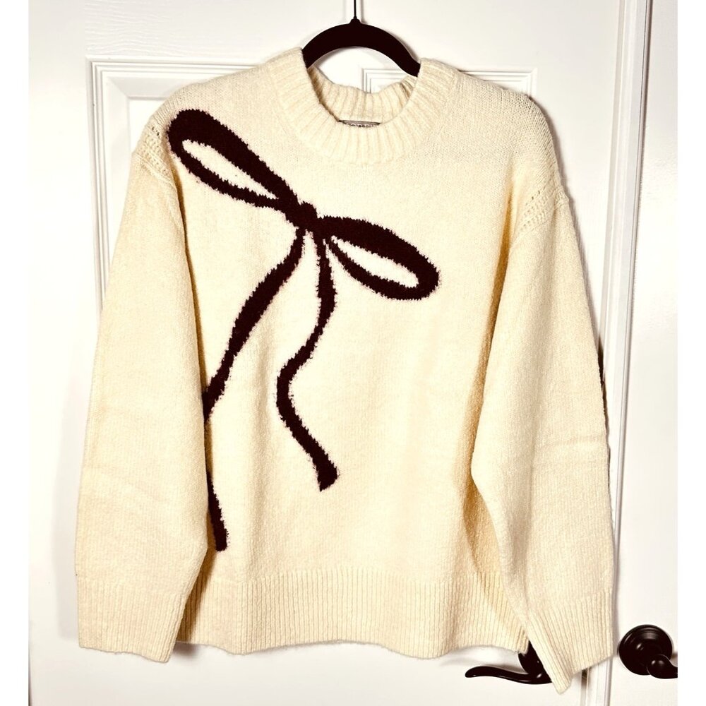 J.Crew Womens Relaxed Bow Print Crewneck Pullover Small Cream Knit Coquette NWT - Picture 5 of 14